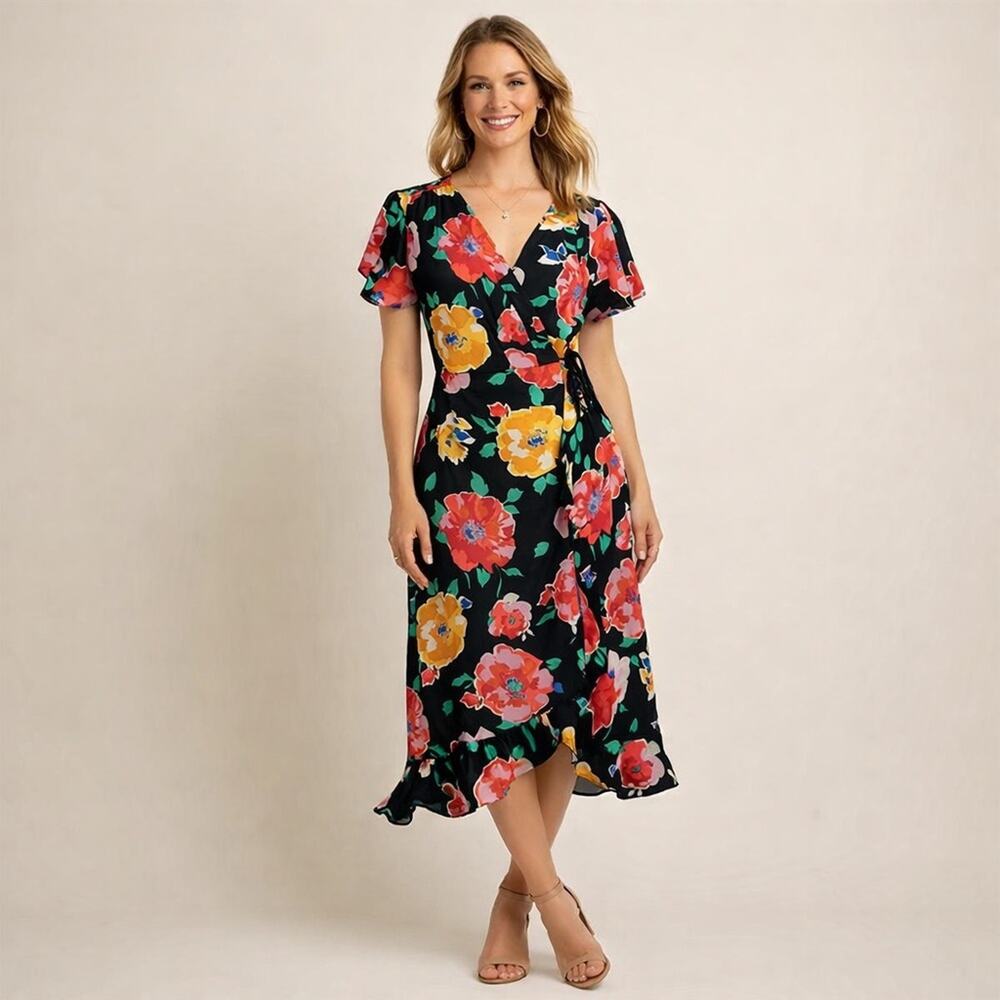 Floral Wrap Dress black midi with Ruffle Hem- short flutter sleeves. women small
